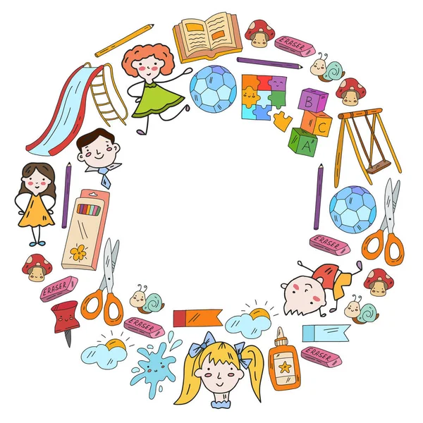 Jardim de infância. Moldura e padrão vetorial com brinquedos e crianças pequenas. Ensino pré-escolar. — Vetor de Stock