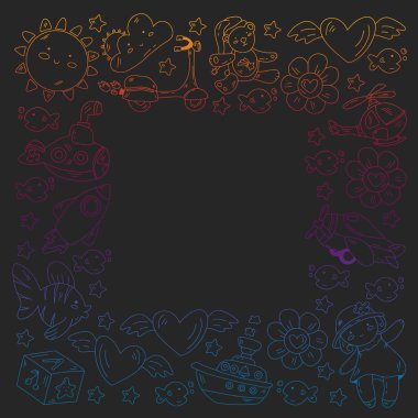 Anaokulu, oyuncak vektör deseni. Küçük çocuklar yaratıcılık ve hayal gücü. Çevrimiçi eğitim, eğitim oyunları.