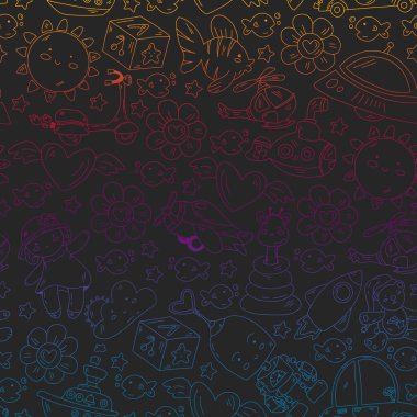 Anaokulu, oyuncak vektör deseni. Küçük çocuklar yaratıcılık ve hayal gücü. Çevrimiçi eğitim, eğitim oyunları.