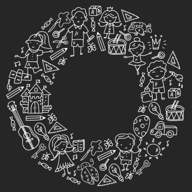 Okul, sevimli vektör çocukların olduğu anaokulu. Dans, şarkı, resim, online eğitim. Yaratıcılık ve hayal gücü.