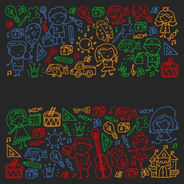 Okul, sevimli vektör çocukların olduğu anaokulu. Dans, şarkı, resim, online eğitim. Yaratıcılık ve hayal gücü.