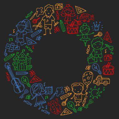 Okul, sevimli vektör çocukların olduğu anaokulu. Dans, şarkı, resim, online eğitim. Yaratıcılık ve hayal gücü.