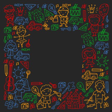 Okul, sevimli vektör çocukların olduğu anaokulu. Dans, şarkı, resim, online eğitim. Yaratıcılık ve hayal gücü.