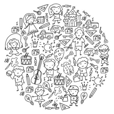 Okul, sevimli vektör çocukların olduğu anaokulu. Dans, şarkı, resim, online eğitim. Yaratıcılık ve hayal gücü.