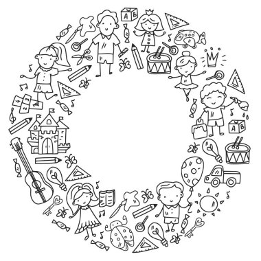 Okul, sevimli vektör çocukların olduğu anaokulu. Dans, şarkı, resim, online eğitim. Yaratıcılık ve hayal gücü.