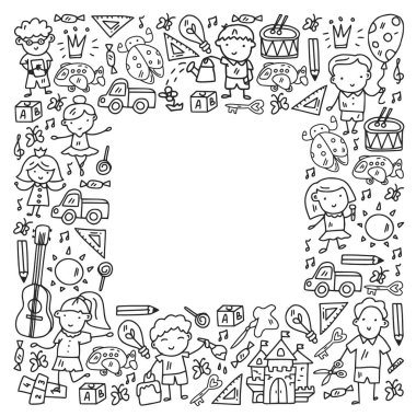 Okul, sevimli vektör çocukların olduğu anaokulu. Dans, şarkı, resim, online eğitim. Yaratıcılık ve hayal gücü.