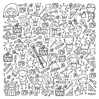 Okul, sevimli vektör çocukların olduğu anaokulu. Dans, şarkı, resim, online eğitim. Yaratıcılık ve hayal gücü.