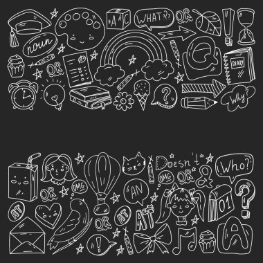 Okula dönelim. Eğitim hakkında ikonlar içeren vektör illüstrasyonu. İngilizce öğrenme. Online internet kursları.