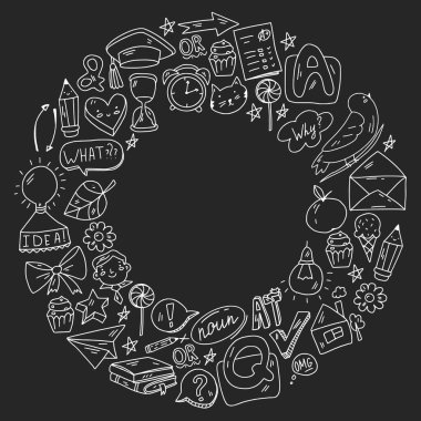 Okula dönelim. Eğitim hakkında ikonlar içeren vektör illüstrasyonu. İngilizce öğrenme. Online internet kursları.