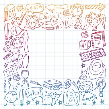 İngilizce öğrenme kavramı. Düz dizayn, vektör deseni.