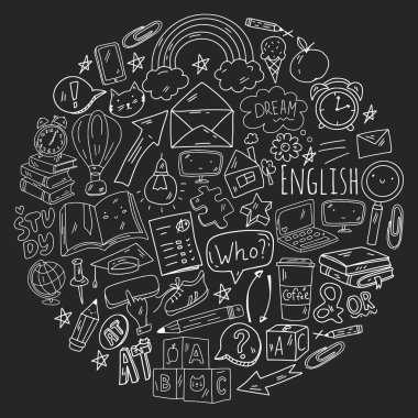 İngilizce öğrenme kavramı. Çevrimiçi dil kursları. E-öğrenme. Vektör simgeleri ile desen.