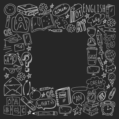 İngilizce öğrenme kavramı. Çevrimiçi dil kursları. E-öğrenme. Vektör simgeleri ile desen.