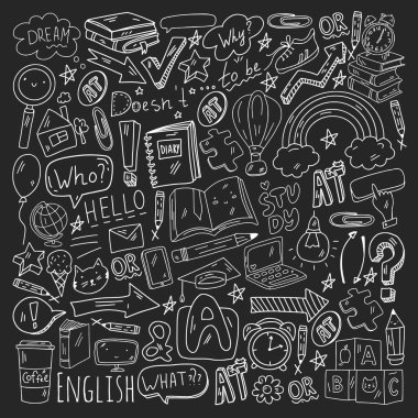 İngilizce öğrenme kavramı. Çevrimiçi dil kursları. E-öğrenme. Vektör simgeleri ile desen.