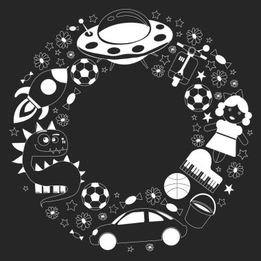 Çocuklar için oyuncaklarla vektör deseni. Araba, UFO, uzaylı, uçak, oyuncak ayı.
