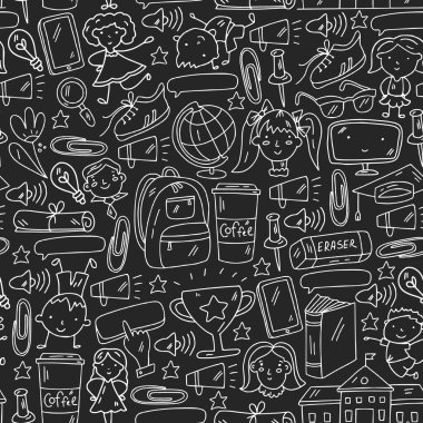 Okul simgeleriyle kusursuz bir şablon. İnternet eğitimi, e-öğrenme. Dijital teknoloji.