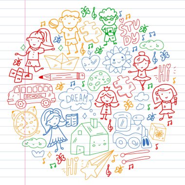 Vektör deseni. Okul ve internet eğitimi. Küçük oğlanlar ve kızlar birlikte oynar ve büyür..