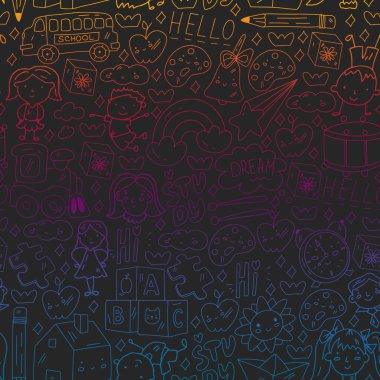 Vektör deseni. Okul ve internet eğitimi. Küçük oğlanlar ve kızlar birlikte oynar ve büyür..