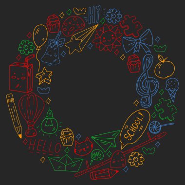 Vektör deseni. Okul ve internet eğitimi. Küçük oğlanlar ve kızlar birlikte oynar ve büyür..