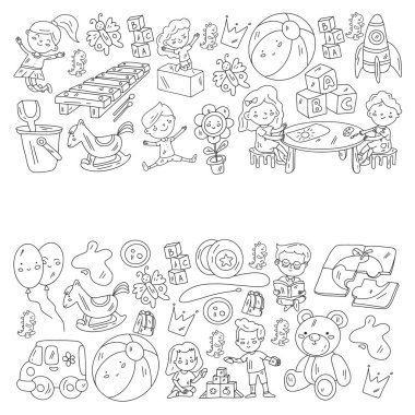 Çocuklar anaokulunda oyuncaklarla oynarlar. Çocuk parkı. Eğitim, yaratıcılık, hayal gücü.