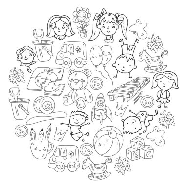 Anaokulu ve oyuncaklar. Küçük bir çocuk oyunu. Çocuk parkı. Eğitim, yaratıcılık, hayal gücü.