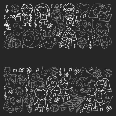 Vektör deseni. Anaokulu ve oyuncaklar. Küçük bir çocuk oyunu. Çocuk parkı. Eğitim, yaratıcılık, hayal gücü.