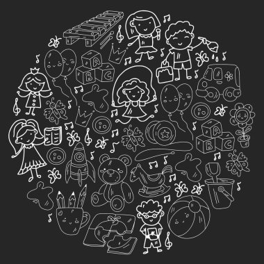 Vektör deseni. Anaokulu ve oyuncaklar. Küçük bir çocuk oyunu. Çocuk parkı. Eğitim, yaratıcılık, hayal gücü.