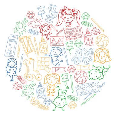 Anaokulu. Oyuncaklar ve küçük çocuklar için vektör deseni. Okul öncesi eğitim.