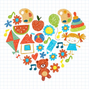 Anaokulu vektör şablonu. Çocukların çizim tarzı. Çocuklar oynar ve büyür, yaratıcılık ve hayal gücü. Okul öğrencisi.