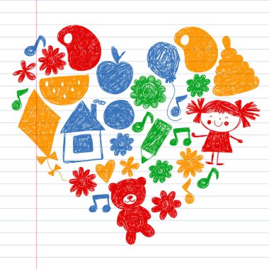 Anaokulu vektör şablonu. Çocukların çizim tarzı. Çocuklar oynar ve büyür, yaratıcılık ve hayal gücü. Okul öğrencisi.