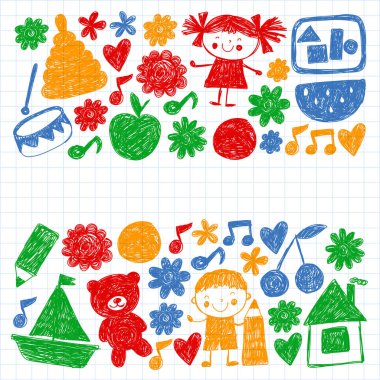 Anaokulu vektör şablonu. Çocukların çizim tarzı. Çocuklar oynar ve büyür, yaratıcılık ve hayal gücü. Okul öğrencisi.