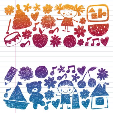 Anaokulu vektör şablonu. Çocukların çizim tarzı. Çocuklar oynar ve büyür, yaratıcılık ve hayal gücü. Okul öğrencisi.