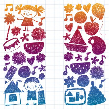 Anaokulu vektör şablonu. Çocukların çizim tarzı. Çocuklar oynar ve büyür, yaratıcılık ve hayal gücü. Okul öğrencisi.