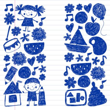 Anaokulu vektör şablonu. Çocukların çizim tarzı. Çocuklar oynar ve büyür, yaratıcılık ve hayal gücü. Okul öğrencisi.