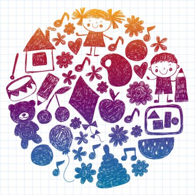 Anaokulu vektör şablonu. Çocukların çizim tarzı. Çocuklar oynar ve büyür, yaratıcılık ve hayal gücü. Okul öğrencisi.