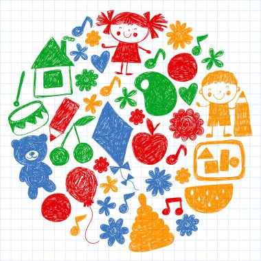 Anaokulu vektör şablonu. Çocukların çizim tarzı. Çocuklar oynar ve büyür, yaratıcılık ve hayal gücü. Okul öğrencisi.