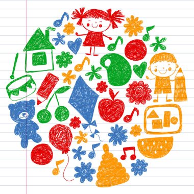 Anaokulu vektör şablonu. Çocukların çizim tarzı. Çocuklar oynar ve büyür, yaratıcılık ve hayal gücü. Okul öğrencisi.