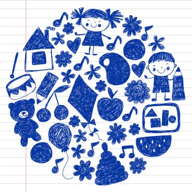 Anaokulu vektör şablonu. Çocukların çizim tarzı. Çocuklar oynar ve büyür, yaratıcılık ve hayal gücü. Okul öğrencisi.