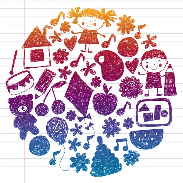 Anaokulu vektör şablonu. Çocukların çizim tarzı. Çocuklar oynar ve büyür, yaratıcılık ve hayal gücü. Okul öğrencisi.