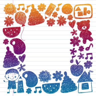 Anaokulu vektör şablonu. Çocukların çizim tarzı. Çocuklar oynar ve büyür, yaratıcılık ve hayal gücü. Okul öğrencisi.