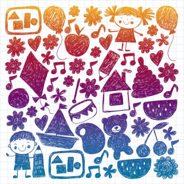 Anaokulu vektör şablonu. Çocukların çizim tarzı. Çocuklar oynar ve büyür, yaratıcılık ve hayal gücü. Okul öğrencisi.