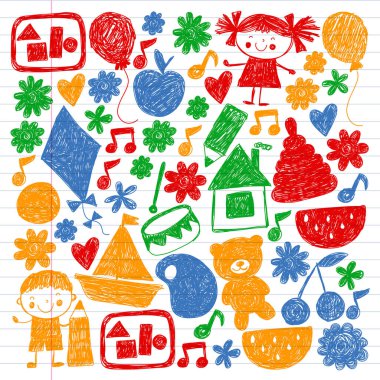 Anaokulu vektör şablonu. Çocukların çizim tarzı. Çocuklar oynar ve büyür, yaratıcılık ve hayal gücü. Okul öğrencisi.