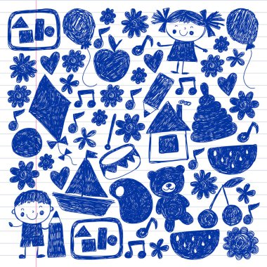 Anaokulu vektör şablonu. Çocukların çizim tarzı. Çocuklar oynar ve büyür, yaratıcılık ve hayal gücü. Okul öğrencisi.