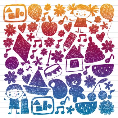 Anaokulu vektör şablonu. Çocukların çizim tarzı. Çocuklar oynar ve büyür, yaratıcılık ve hayal gücü. Okul öğrencisi.