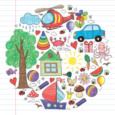 Anaokulu. Çocukların çizim tarzı. - Aile. Anne, baba, kız kardeş, erkek kardeş. Erkekler ve kızlar. Vektör deseni.
