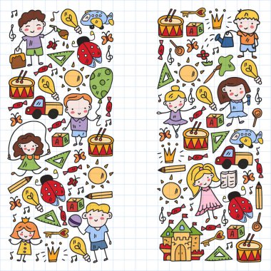 Okul, sevimli vektör çocukların olduğu anaokulu. Dans, şarkı, resim, online eğitim. Yaratıcılık ve hayal gücü.