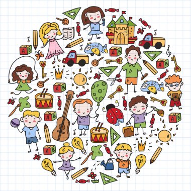 Okul, sevimli vektör çocukların olduğu anaokulu. Dans, şarkı, resim, online eğitim. Yaratıcılık ve hayal gücü.