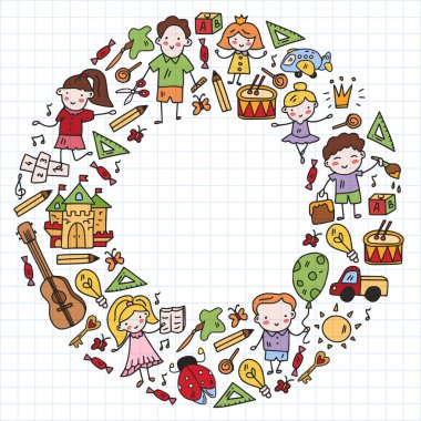 Okul, sevimli vektör çocukların olduğu anaokulu. Dans, şarkı, resim, online eğitim. Yaratıcılık ve hayal gücü.