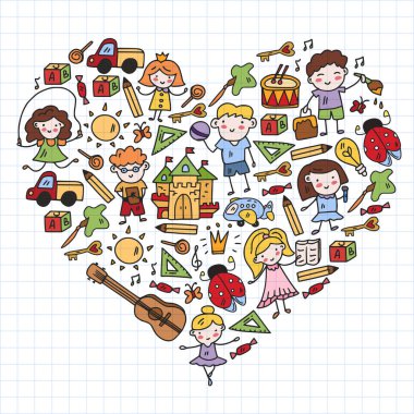 Okul, sevimli vektör çocukların olduğu anaokulu. Dans, şarkı, resim, online eğitim. Yaratıcılık ve hayal gücü.