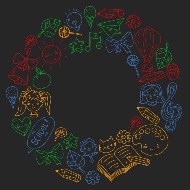 Eğitim simgeleri ayarlandı. Okul ve kolej. Yaratıcılık ve hayal gücü.