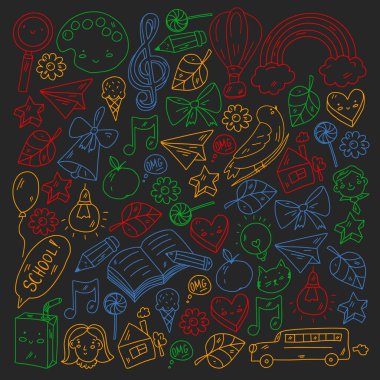 Eğitim simgeleri ayarlandı. Okul ve kolej. Yaratıcılık ve hayal gücü.